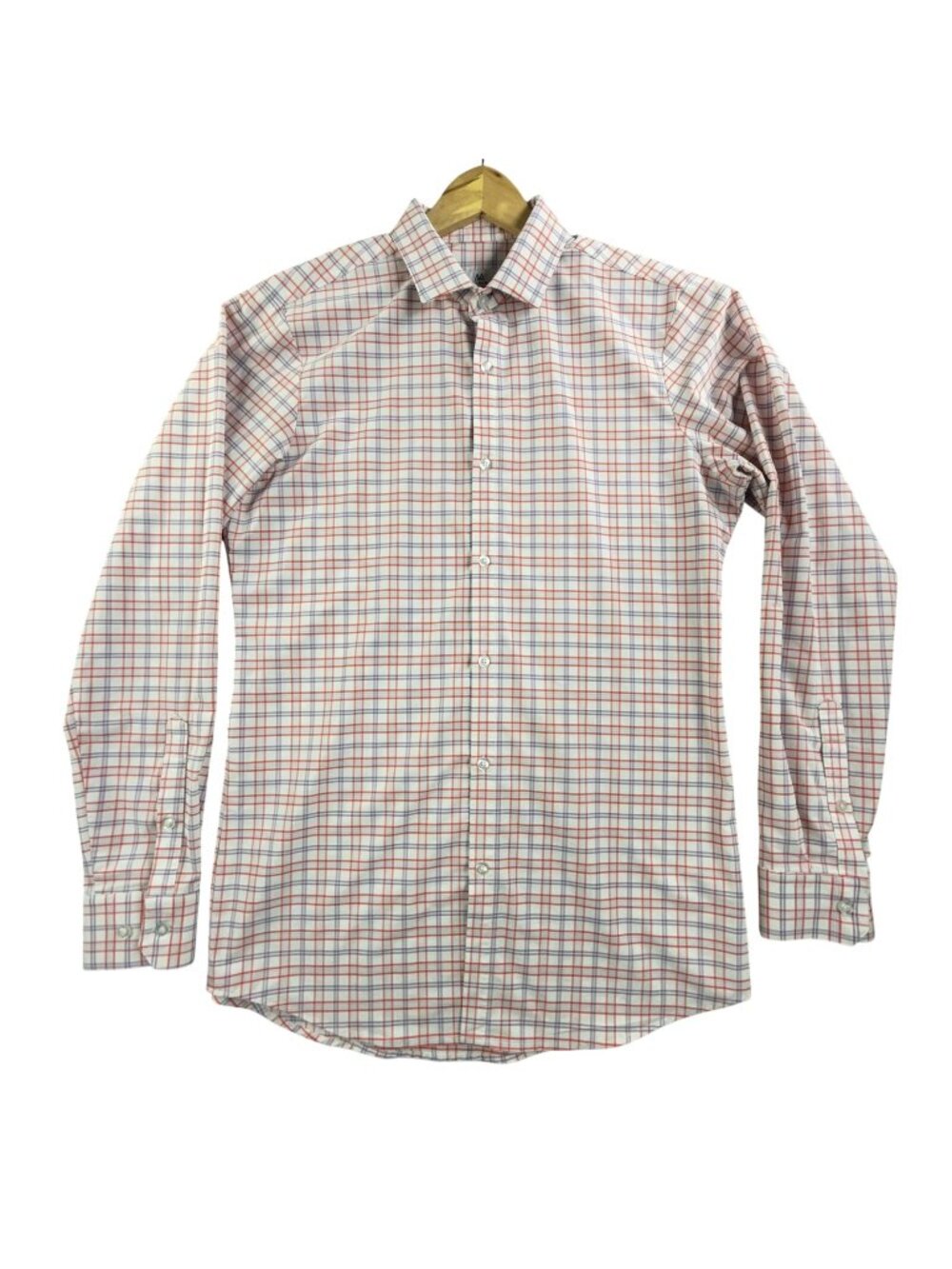 Mizzen+Main Dress Shirt Mens LT White Orange Plaid Trim Fit Non Iron USA Made
